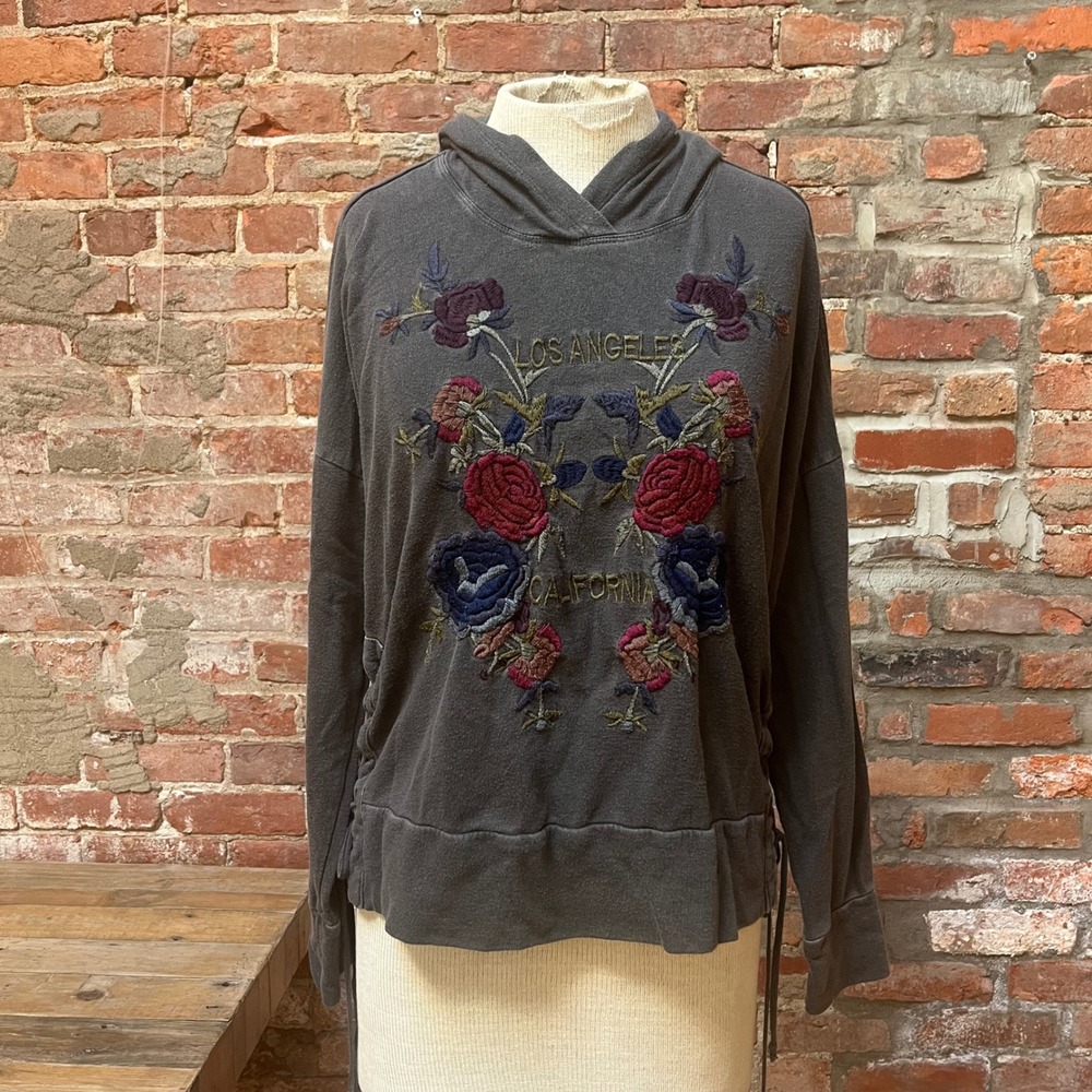 Vtg Lucky Brand Floral Embroidered Lace Up Hoodie Faded Black Los Angeles Medium